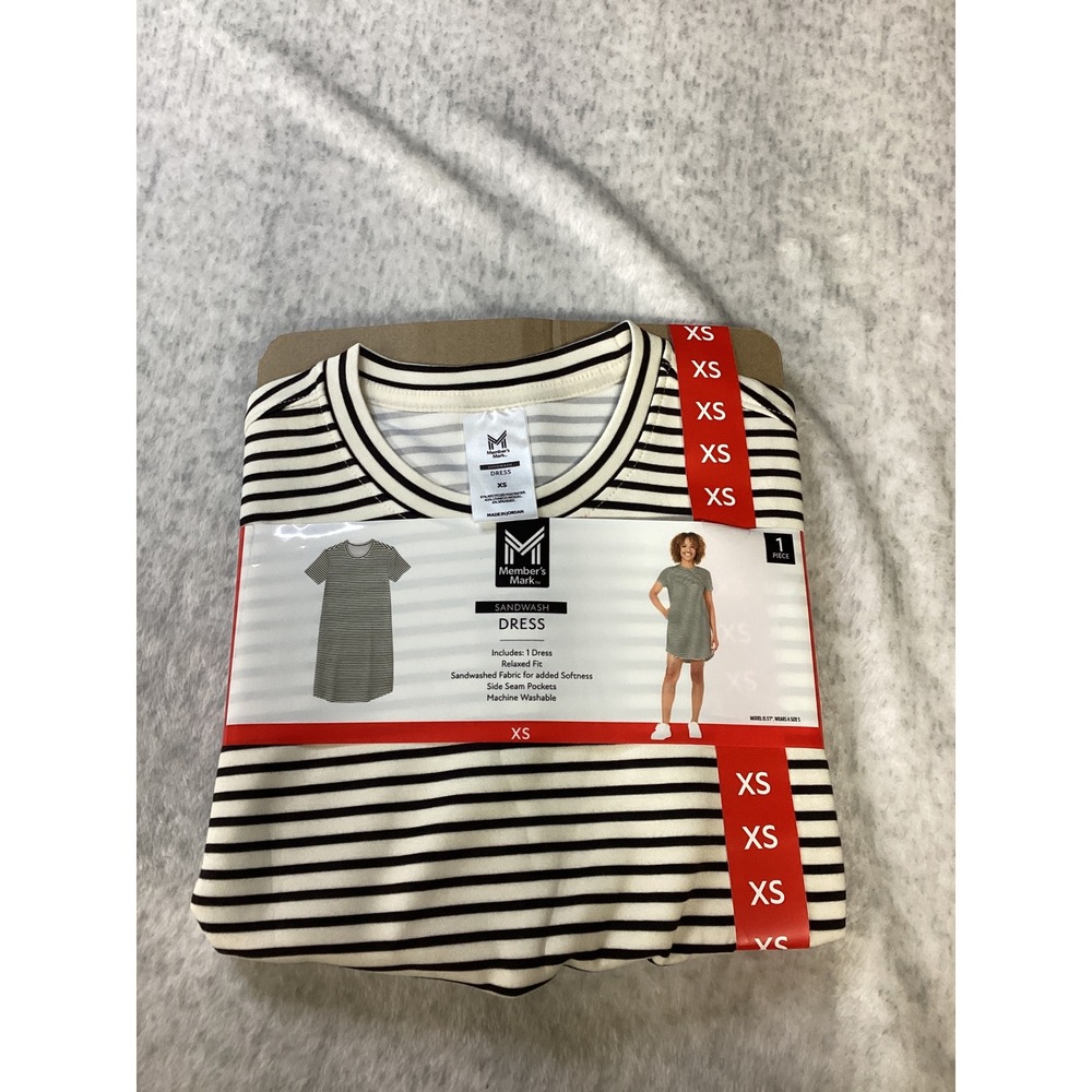 Members Mark Womens Sandwash Striped T-Shirt Dress Black White XS‎ New